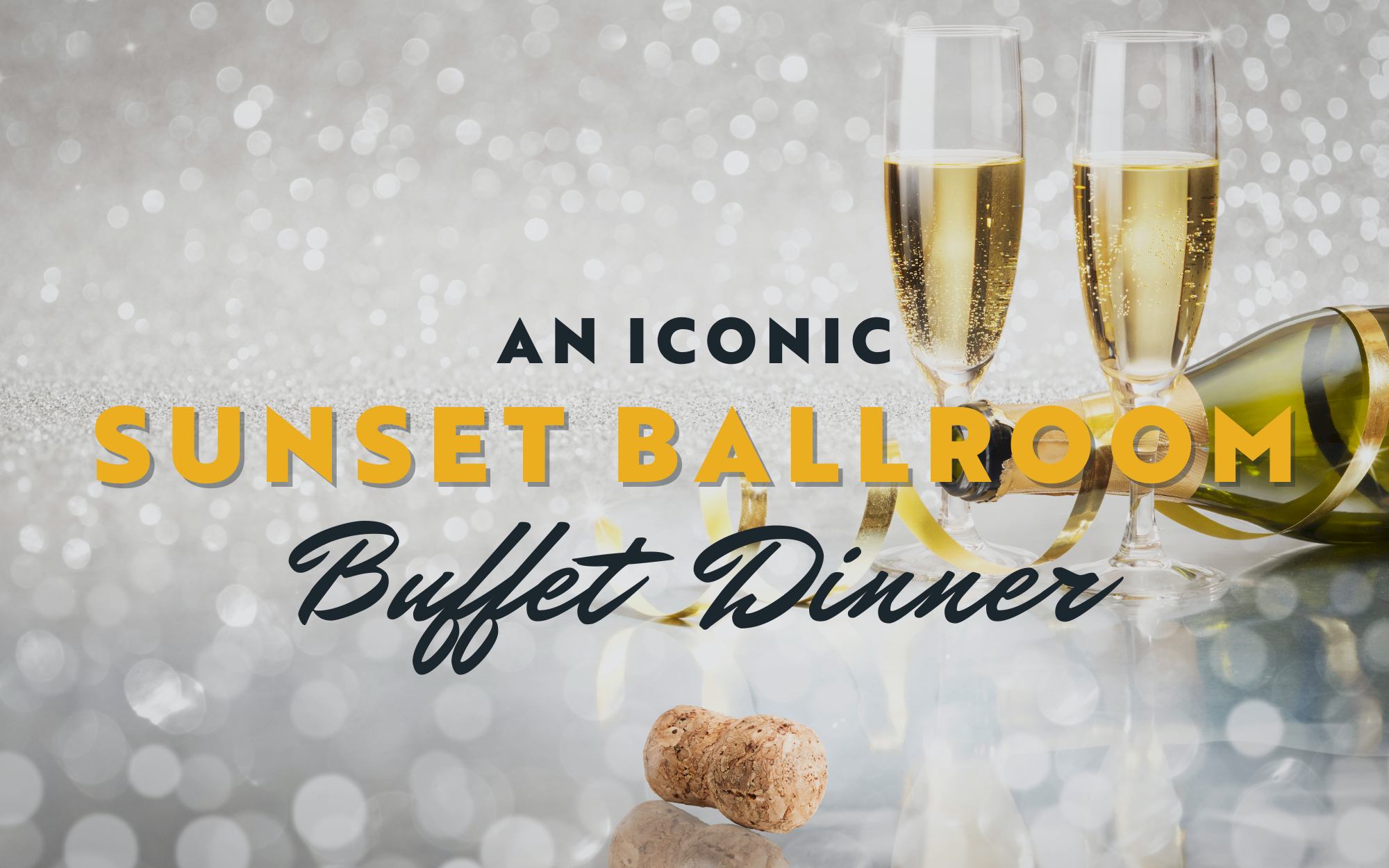 The iconic Sunset Ballroom buffet dinner sets the stage for a family-friendly New Year’s Eve celebration in OKC. A glass of champagne catches the light as families and friends gather, enjoying dinner on New Year’s Eve in Oklahoma City before the midnight countdown. This scene captures the excitement of a New Year’s Eve party for families in OKC and the anticipation of a drone show on New Year’s Eve in OKC—a perfect choice for anyone looking for things to do on New Year’s Eve.