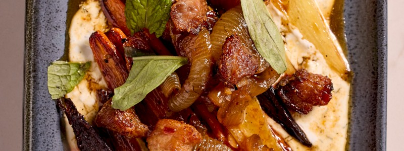 Carrots and Pork Belly (GF) - Roasted baby carrots, tzatziki, lardons, agrodolce, mint