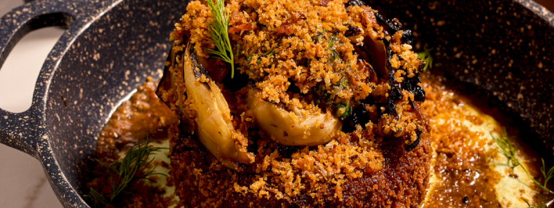 Salmon Cake - Fried house salmon cake, pecan romesco, pepper jam, fennel salad