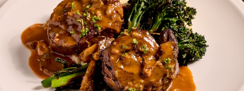 Ribeye 2 Ways (GF) - 4oz ribeye cap, 6oz center cut, mashed potato, smoked fat, broccolini, sauce diane
