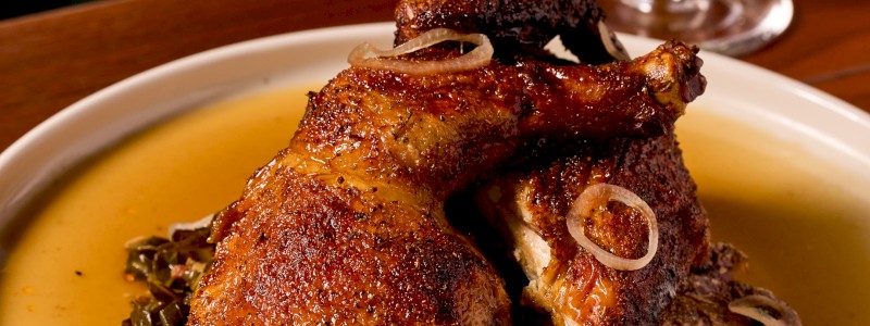 Rotisserie Peach Bourbon Butter Chicken (GF) - Black garlic potato salad, roasted local mushrooms, chicken jus