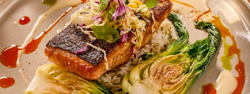 Grilled Scottish Salmon (GF) - Mango slaw, baby Bok choy, jasmine rice, ginger butter sauce, togarashi