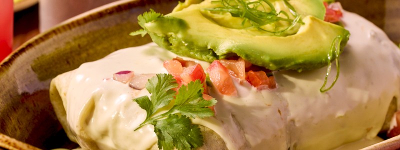 El Duo Burrito - Cilantro lime rice, pinto beans, Monterrey cheese, and carne
asada, topped with house queso, pico de gallo, crema, and
avocado