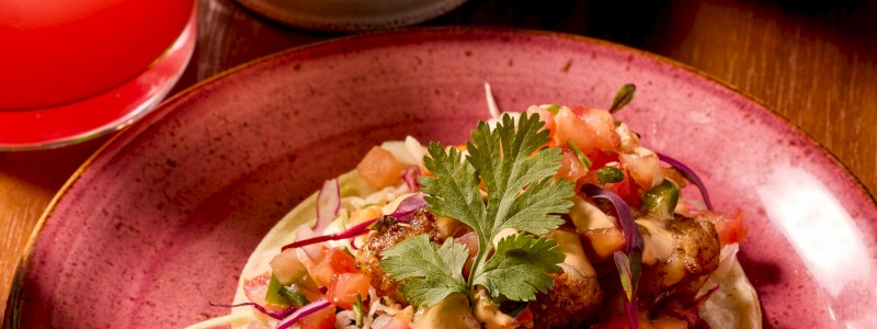 Blackened Shrimp (GF) - Blackened shrimp, pico de gallo, cilantro lime cabbage slaw, and chipotle aioli