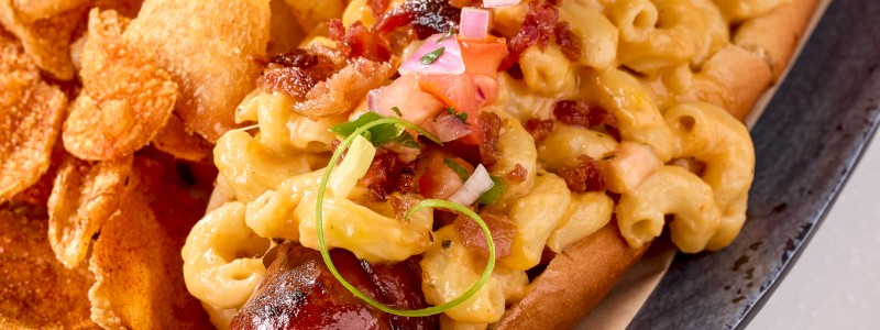 CBK DIAMONDBACK DOG - All beef footlong, mac-n-cheese, bacon,
pico de gallo, and green onions.