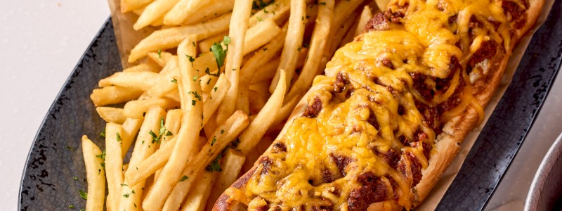 CBK RANGER DOG - All beef footlong, homemade Texas chili,
and Cheddar cheese.