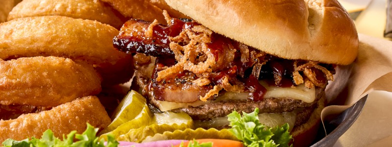 BACON HAVARTI BBQ CHEESEBURGER - Bullseye bacon, BBQ sauce, crispy shallots, and
havarti cheese.