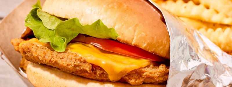 FRIED CHICKEN SANDWICH - Breaded chicken breast, buffalo aioli, and American cheese, with L/T/O on a brioche bun. Served with fries