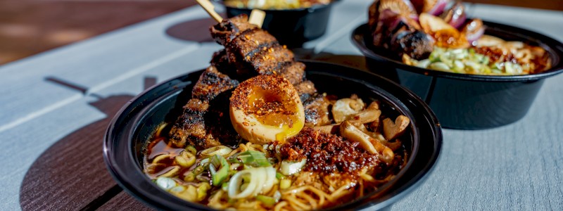 Teriyaki Beef Ramen - With soft-boiled egg, green onion, and garlic crumbles